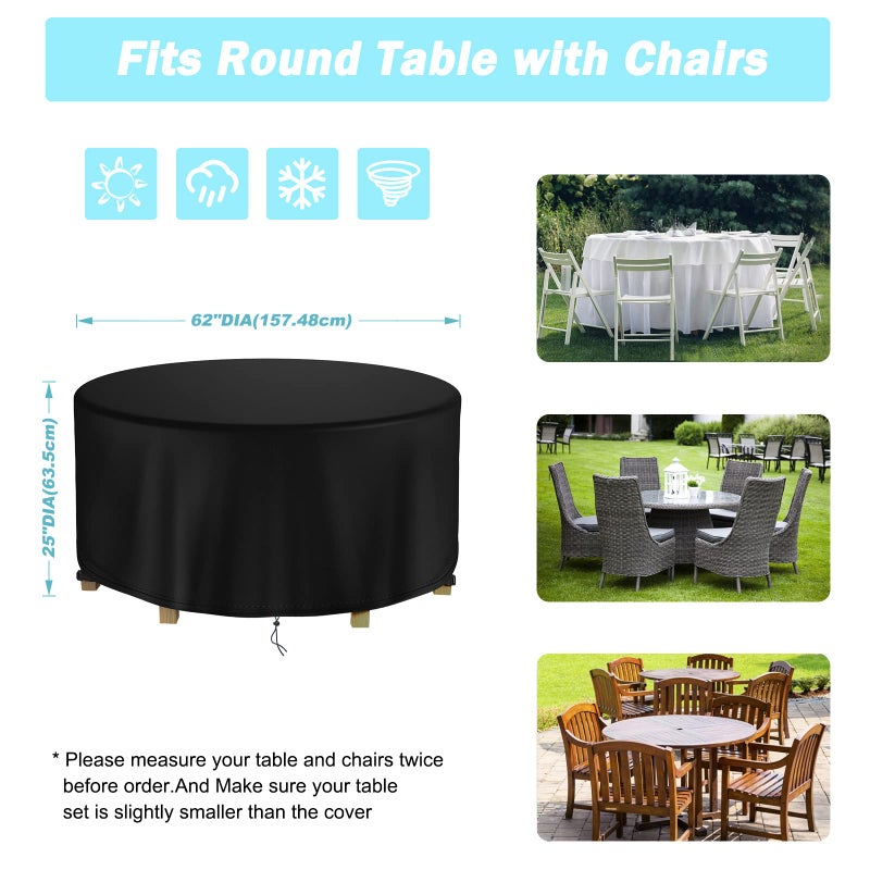 DUDSOEHO Round Patio Table Cover Waterproof, 62"" Diax25"" H Heavy Duty Oxford Fabric Outdoor Patio Furniture Cover Patio Table Chair Set Covers for Garden Round Table Dining Set, Black - Image 2